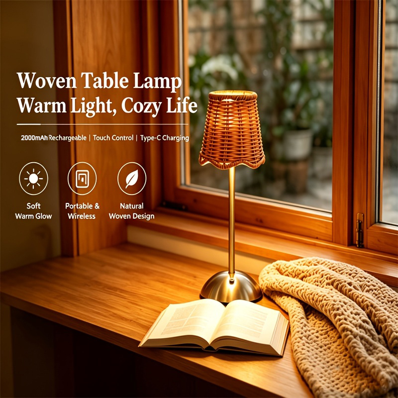 Bedroom Furniture - โคมไฟตั้งโต๊ะสไตล์โบฮีเมียนทำจากหวายถัก ปรับแสงได้ 3 ระดับ ควบคุมด้วยระบบสัมผัส ใช้พอร์ต