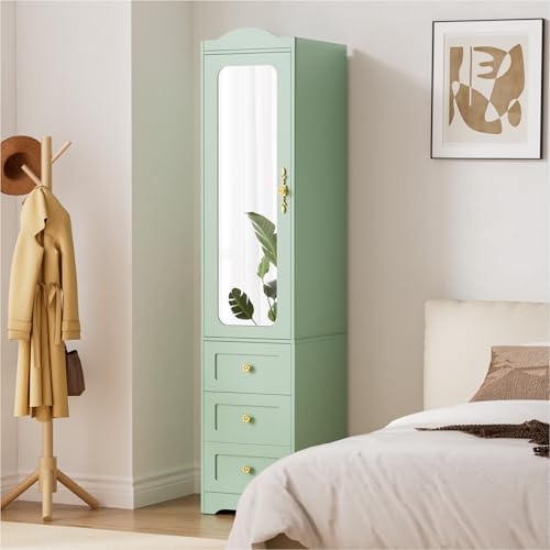 Full Length Mirror Jewelry Armoire - ตู้เสื้อผ้าอาร์โมร์, ตู้เสื้อผ้าไม้สูง 69.5 นิ้ว พร้อมประตูกระจกและลิ้นชัก 3