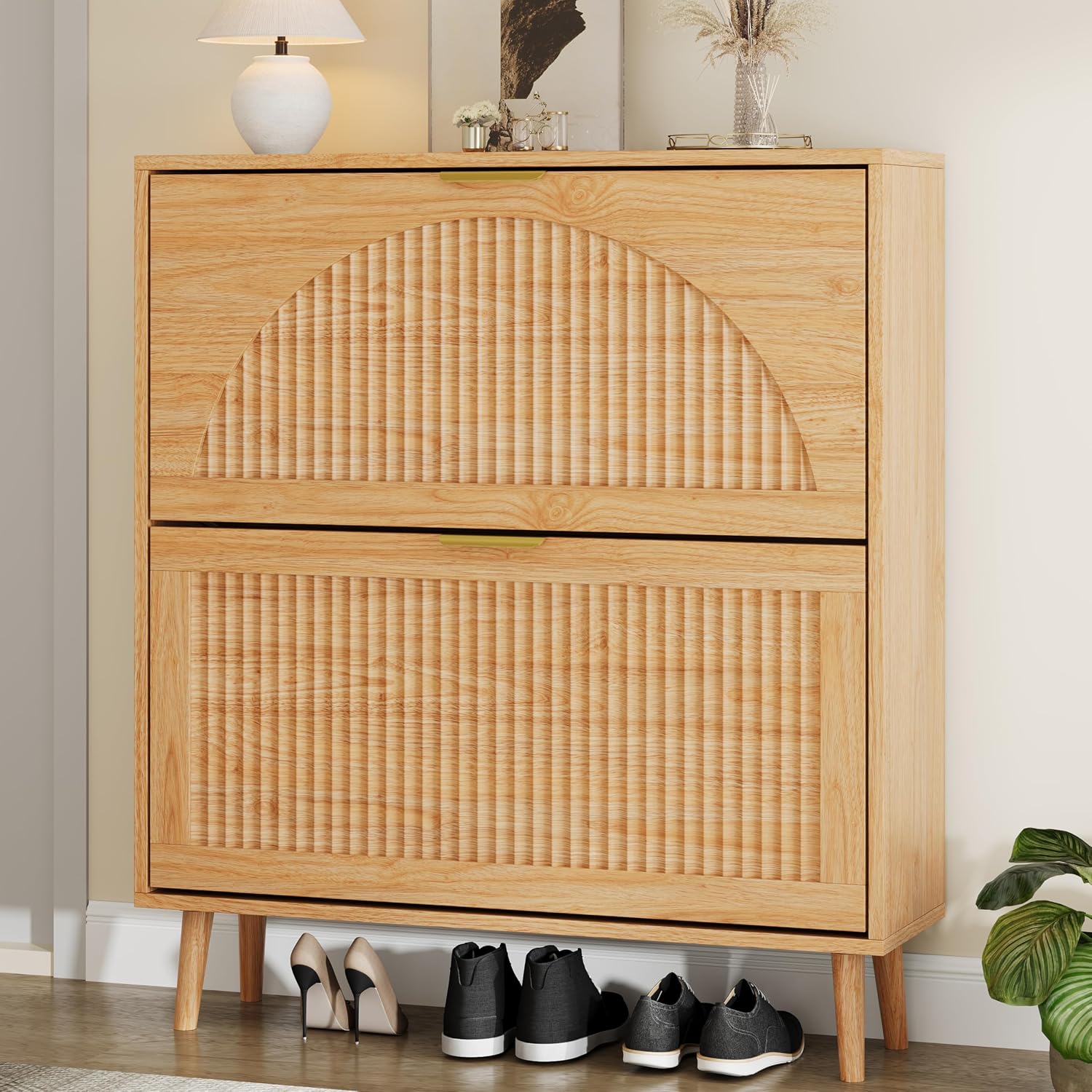 Shoe Rack Cabinet Narrow Entryway - ตู้รองเท้าไม้ 2 ลิ้นชักแบบเปิดปิด ชั้นวางของทรงแคบ แผงลายร่อง สำหรับทางเข้า