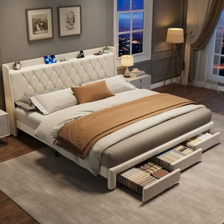 King Size Bed Frame With Storage Drawers - โครงเตียงแบบมีฐานรอง บุด้วยผ้ากำมะหยี่ ขนาดคิงไซส์ พร้อมหัวเตียงบุลายคริสตัล มีลิ้นชักเก็บของ 3