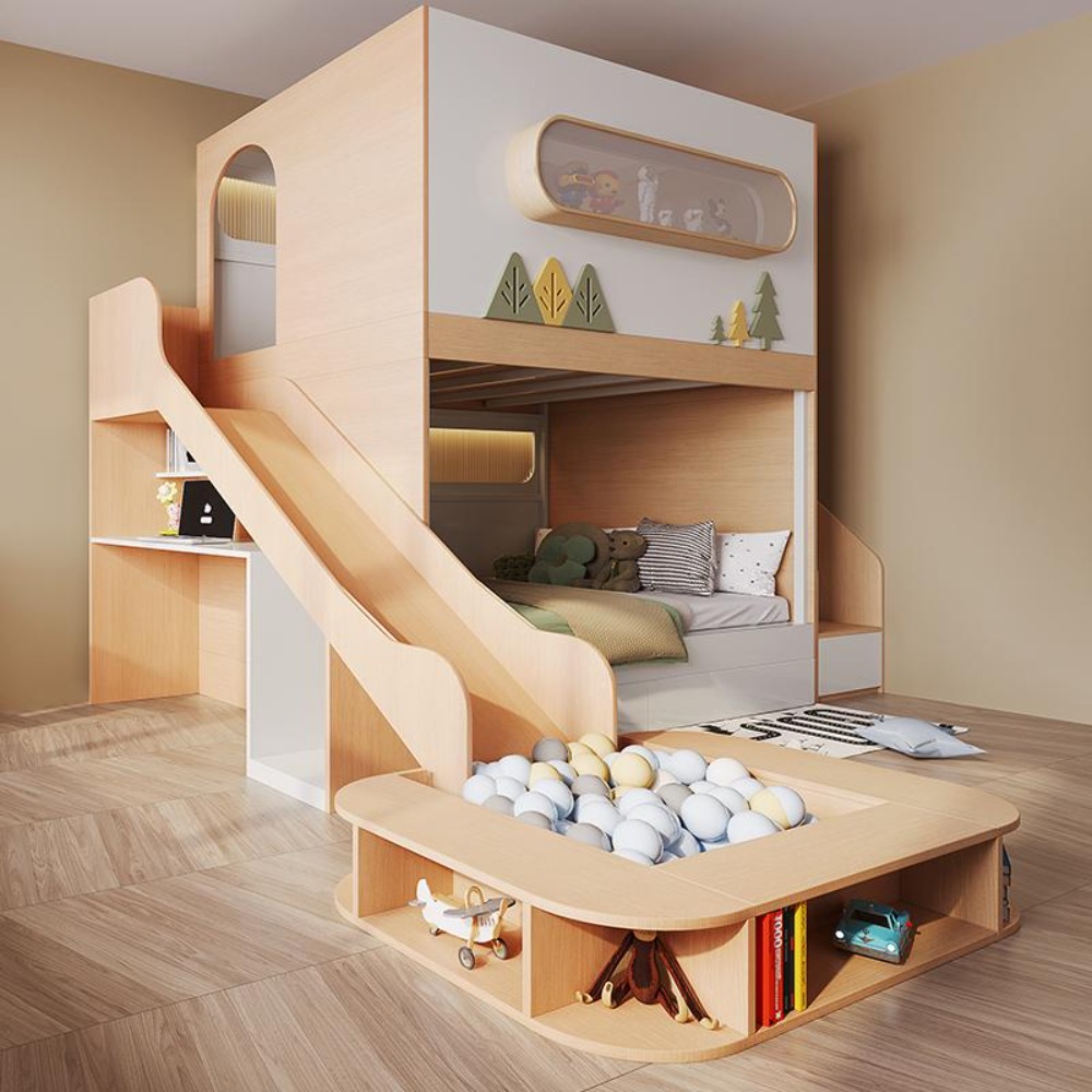 Bunk Bed With Stairs And Slide - เตียงสองชั้นทรงแคปซูลอวกาศพร้อมสไลเดอร์และบ่อลูกบอล เตียงนอนสองชั้นสูงต่ำ โครงเตียงคู่พร้อมบันได สำหรับห้องนอน ห้องเล่นเกม