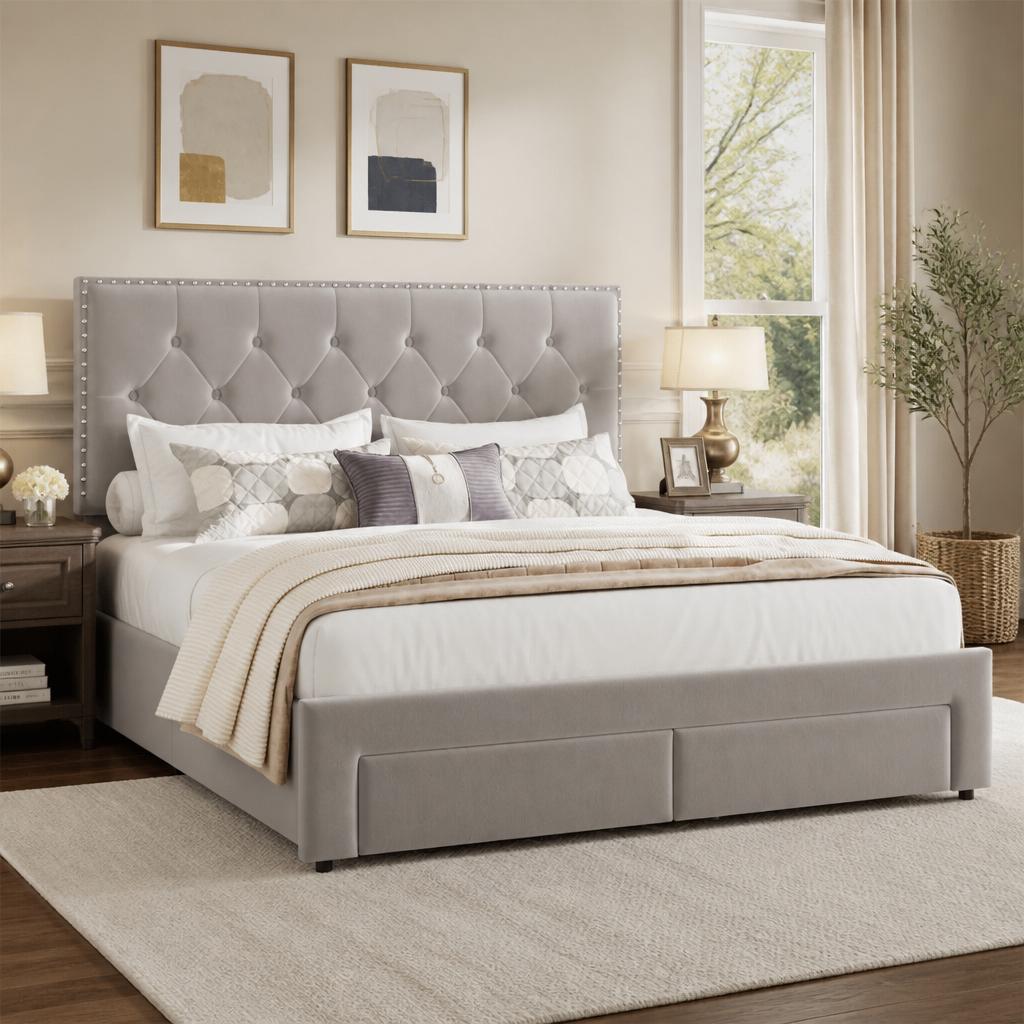 King Size Bed Frame With Storage Drawers - โครงเตียงขนาดคิงไซส์ พร้อมลิ้นชักเก็บของ 2 ช่อง, โครงเตียงหัวเตียงบุผ้ากำมะหยี่สไตล์วินเทจ, โครงเตียงบุผ้า,