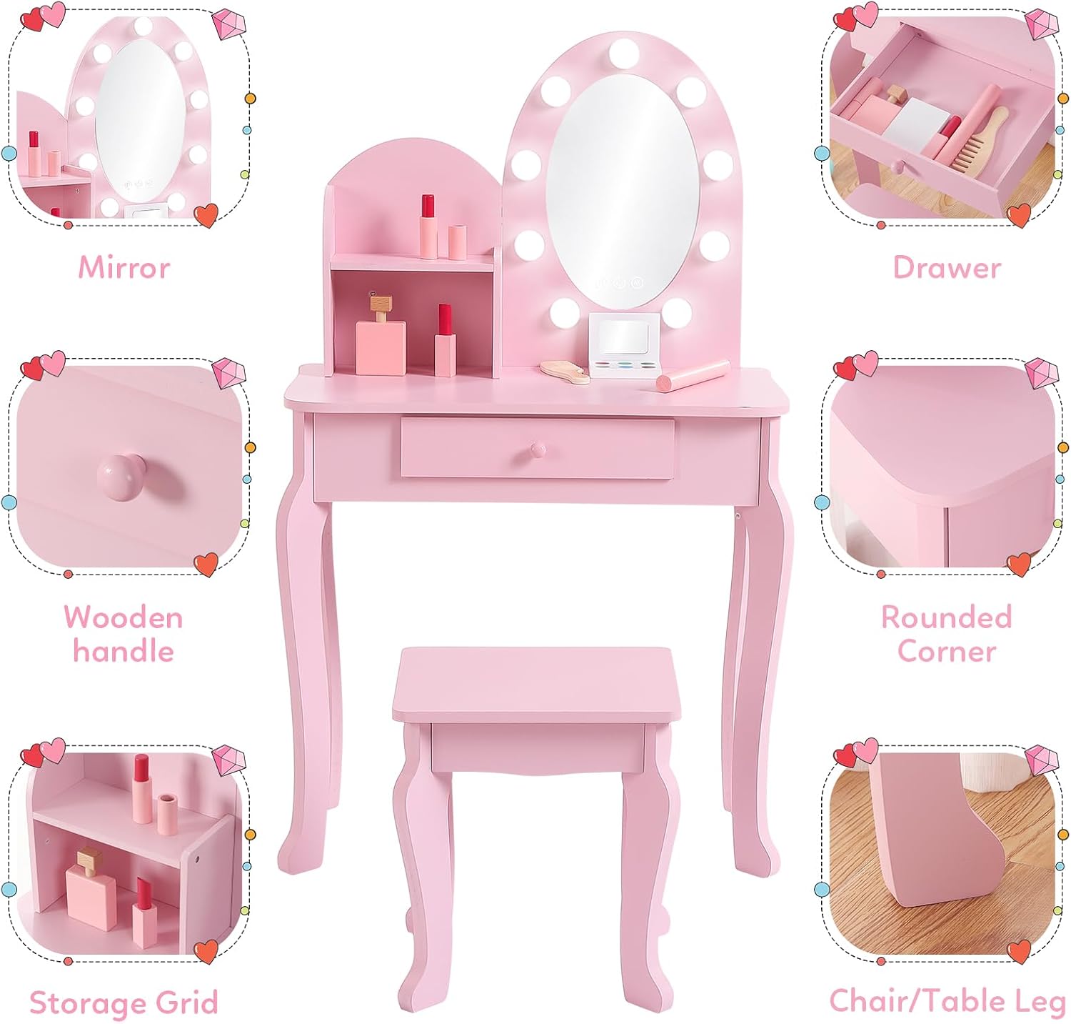 ชุดโต๊ะเครื่องแป้งสำหรับเด็กสไ - Dressing Table Vanity With Lighted Mirror บทวิจารณ์และราคา
