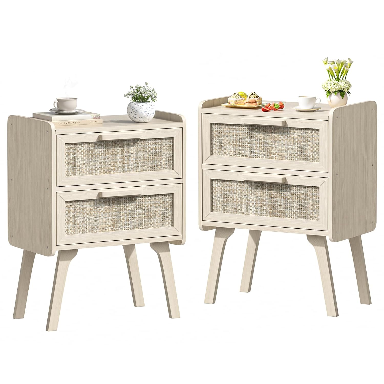 ชุดโต๊ะข้างเตียงหวาย 2 ตัว, โต - Solid Wood Nightstand 2 Drawers บทวิจารณ์และราคา
