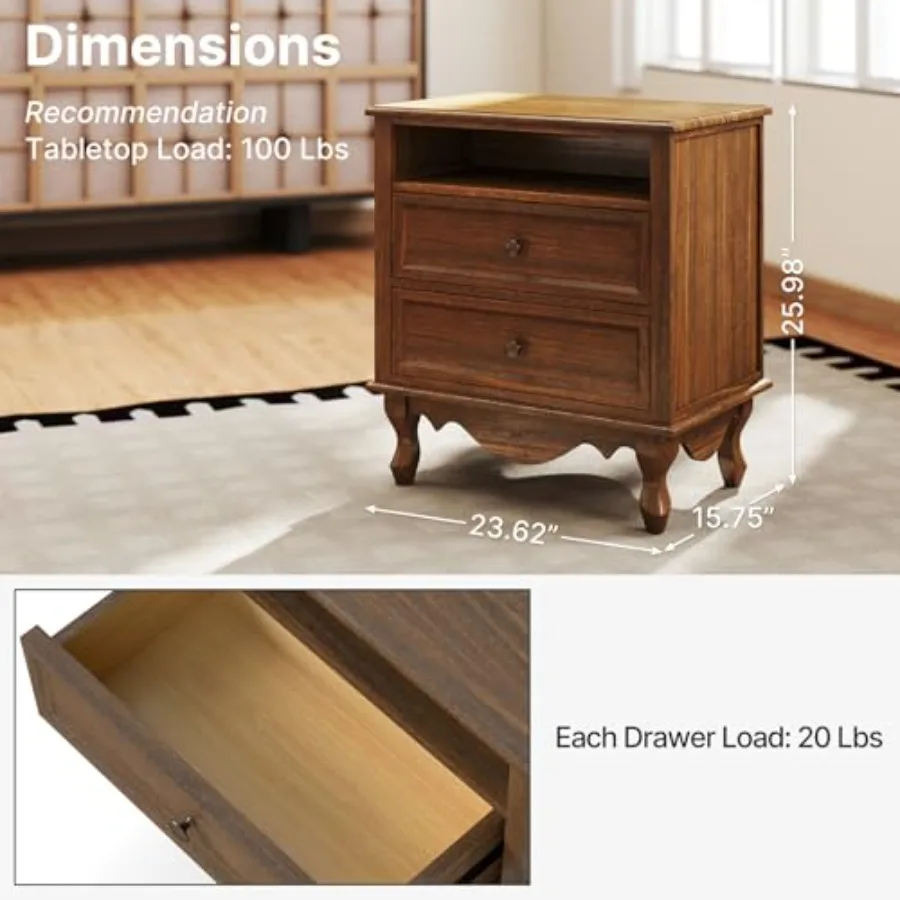 โต๊ะข้างเตียงไม้เนื้อแข็ง ประก - Solid Wood Nightstand 2 Drawers บทวิจารณ์และราคา